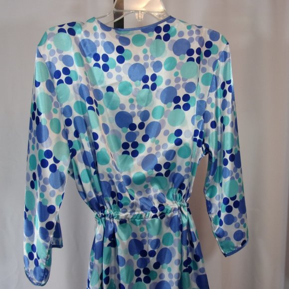 Kathryn Blue & Aqua Dots on White Sexy Short Satin Robe NWOT - Picture 5 of 8